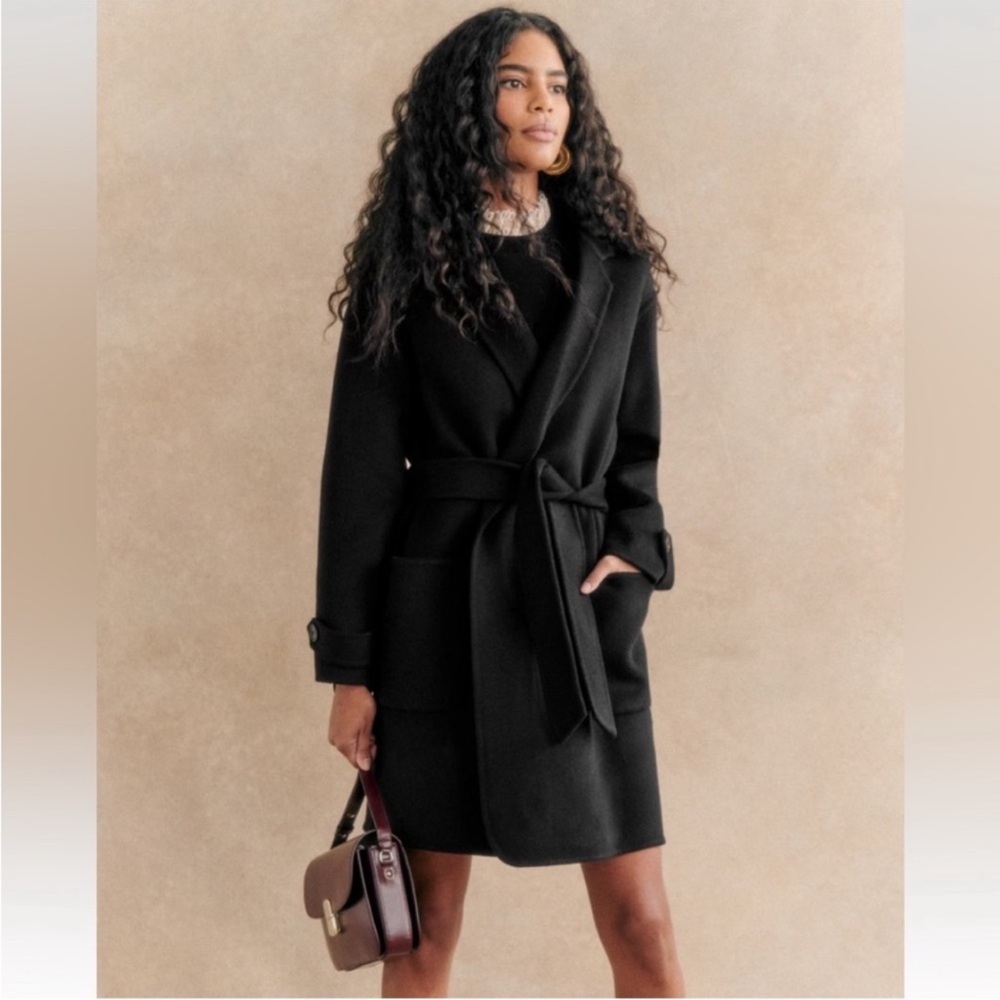Sezane Rick Wool Wrap Coat Tie Waist Black Size 6